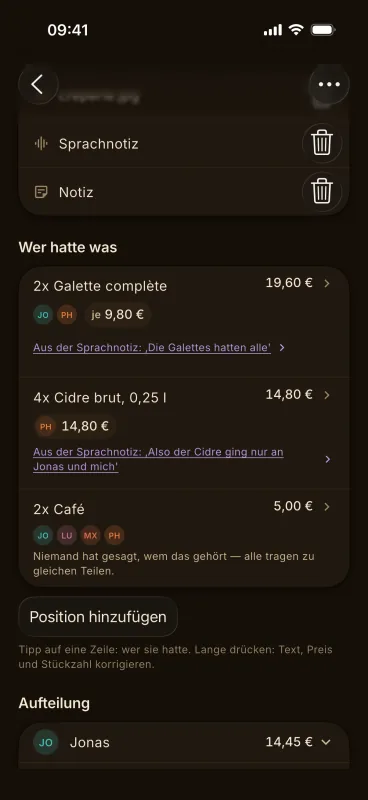 Die App zeigt, wer was hatte: Galettes, Cidre und Café, jeweils den Leuten zugeordnet, die sie bestellt haben.
