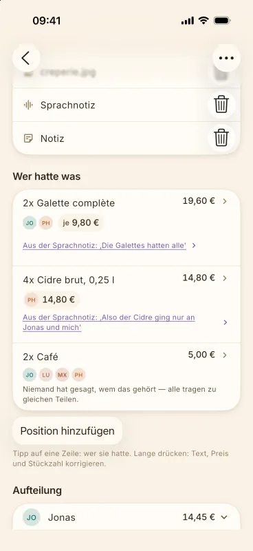 Die App zeigt, wer was hatte: Galettes, Cidre und Café, jeweils den Leuten zugeordnet, die sie bestellt haben.