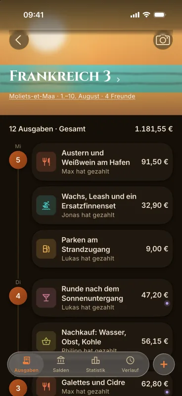 Ausschnitt aus der App: die Ausgaben einer Reise, jede mit dem Namen dessen, der gezahlt hat.