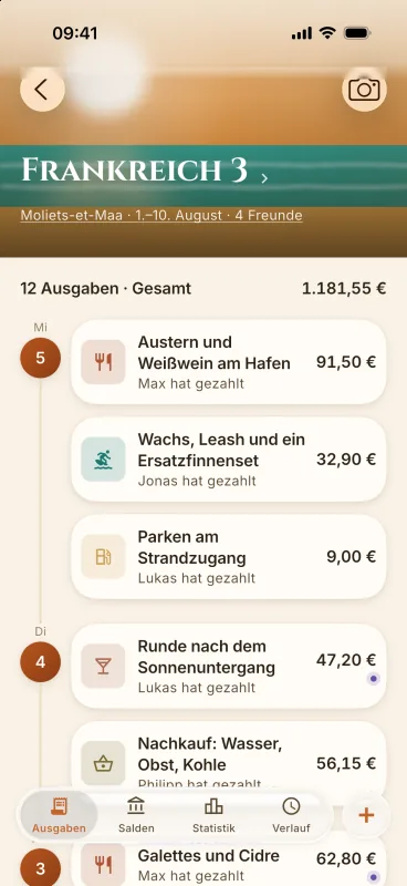 Ausschnitt aus der App: die Ausgaben einer Reise, jede mit dem Namen dessen, der gezahlt hat.